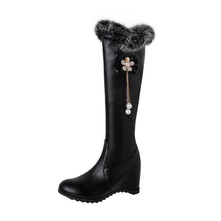 Women's Fur Pearls Bow Tie Inside Heighten Wedge Heel Knee-High Boots