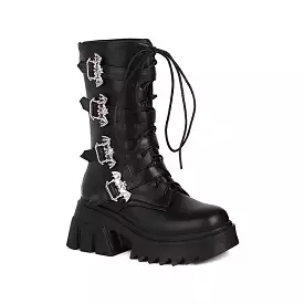 Women's Glossy Metal Buckle Straps Lace Up Block Chunky Heel Platform Mid-calf Boots