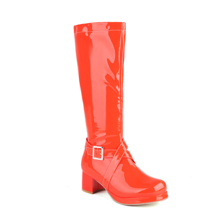 Women's Glossy Square Toe Buckle Straps Block Chunky Heel Platform Knee-High Boots