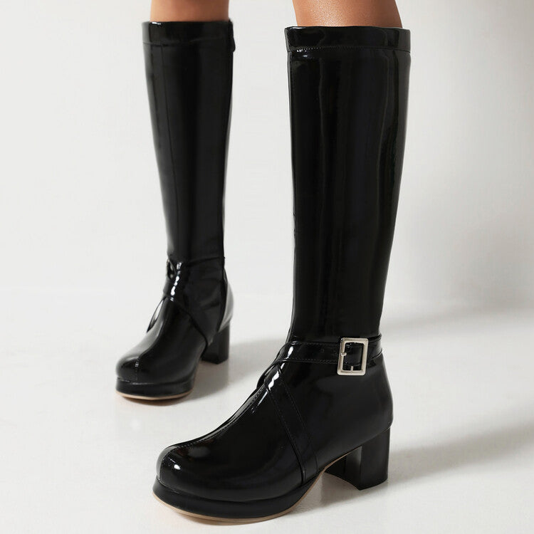 Women's Glossy Square Toe Buckle Straps Block Chunky Heel Platform Knee-High Boots