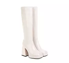 Women's Glossy Square Toe Chunky Heel Platform Knee-High Boots