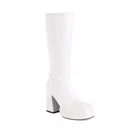 Women's Glossy Square Toe Side Zippers Block Chunky Heel Platform Mid-Calf Boots