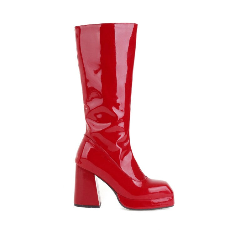 Women's Glossy Square Toe Side Zippers Block Chunky Heel Platform Mid-Calf Boots