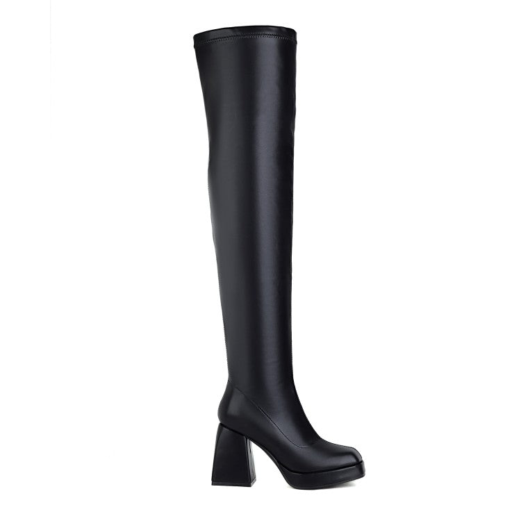 Women's Glossy Square Toe Side Zippers Block Chunky Heel Platform Over the Knee Boots