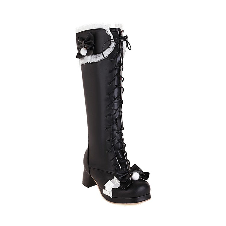 Women's Lace Bow Tie Block Chunky Heel Knee-High Boots