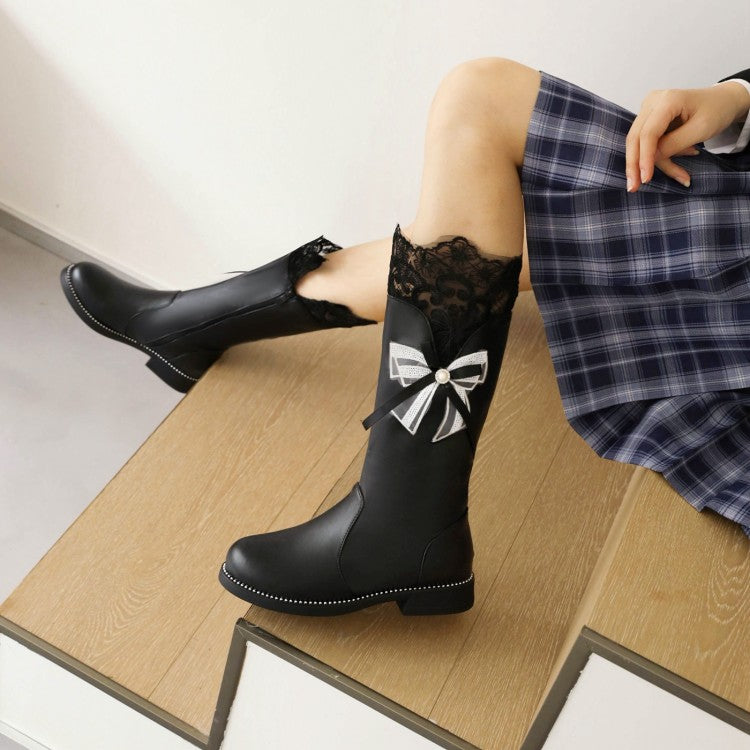 Women's Lace Bow Tie Low Heels Knee-High Boots