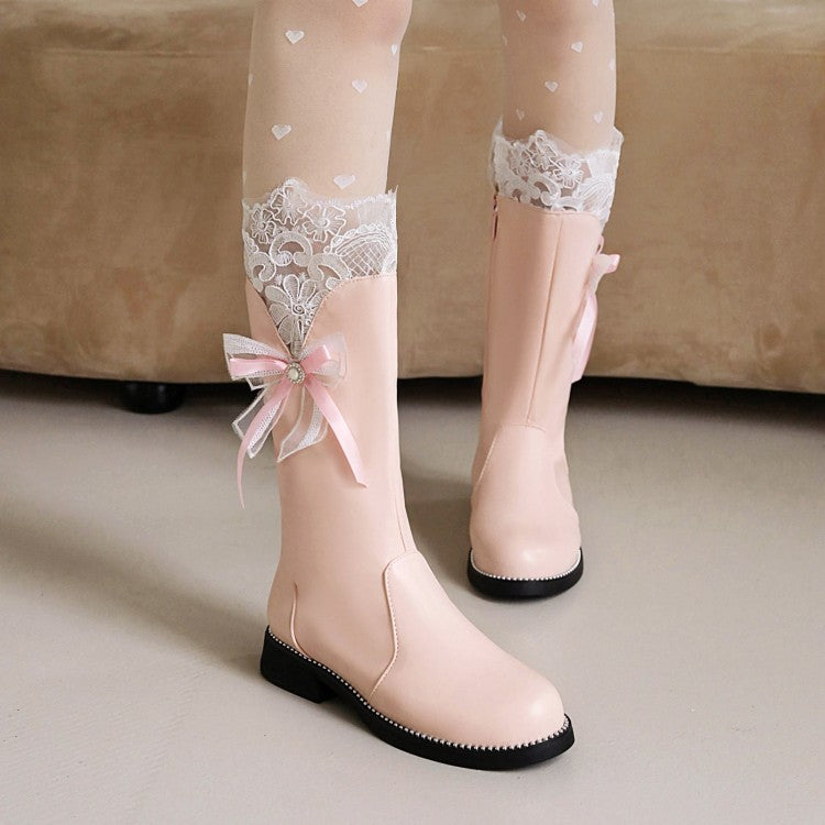 Women's Lace Bow Tie Low Heels Knee-High Boots