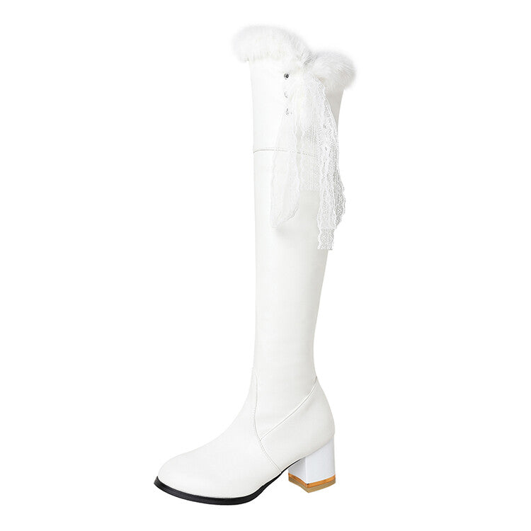 Women's Lace Furry Block Heel Over-The-Knee Boots