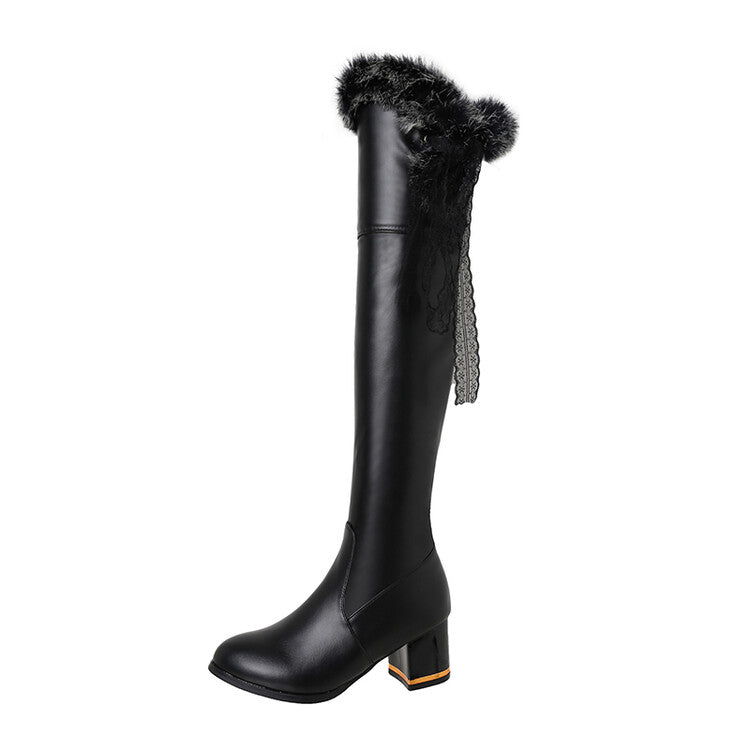 Women's Lace Furry Block Heel Over-The-Knee Boots