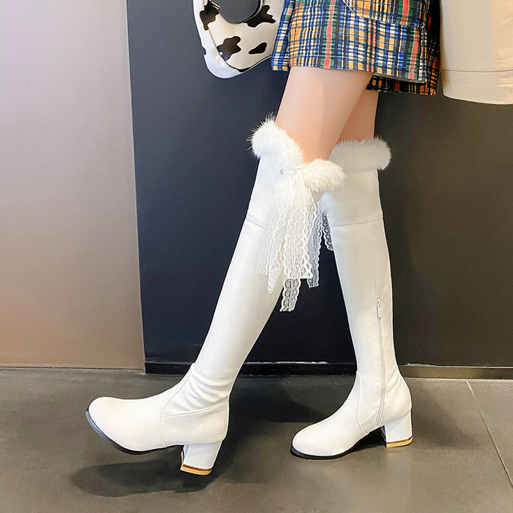 Women's Lace Furry Block Heel Over-The-Knee Boots