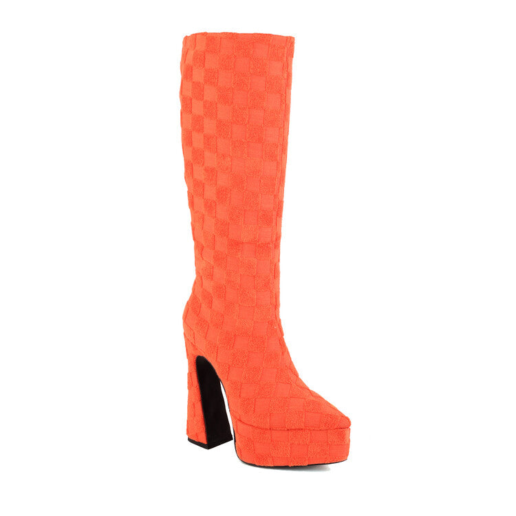 Women's Lattice Pointed Toe Chunky Heel Platform Knee High Boots