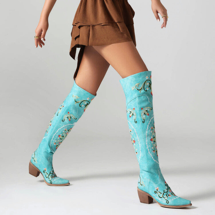 Women's Oriental Embroidery Pointed Toe Beveled Heel Over-The-Knee Boots