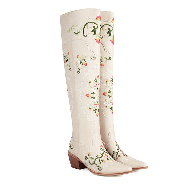 Women's Oriental Embroidery Pointed Toe Beveled Heel Over-The-Knee Boots