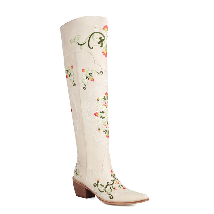 Women's Oriental Embroidery Pointed Toe Beveled Heel Over-The-Knee Boots