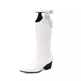 Women's Pointed Toe Buckle Straps Side Zippers Metal Chains Puppy Heel Mid-Calf Boots