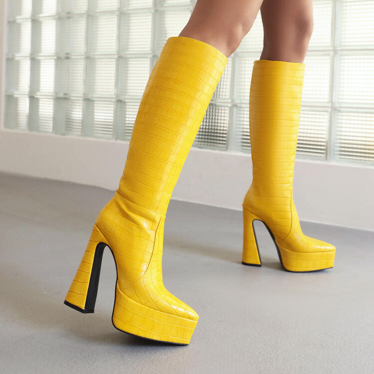 Women's Pointed Toe Chunky Heel Platform Knee High Boots