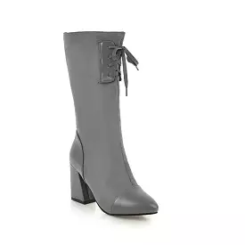 Women's Pointed Toe Lace-Up Block Chunky Heel Mid-Calf Boots