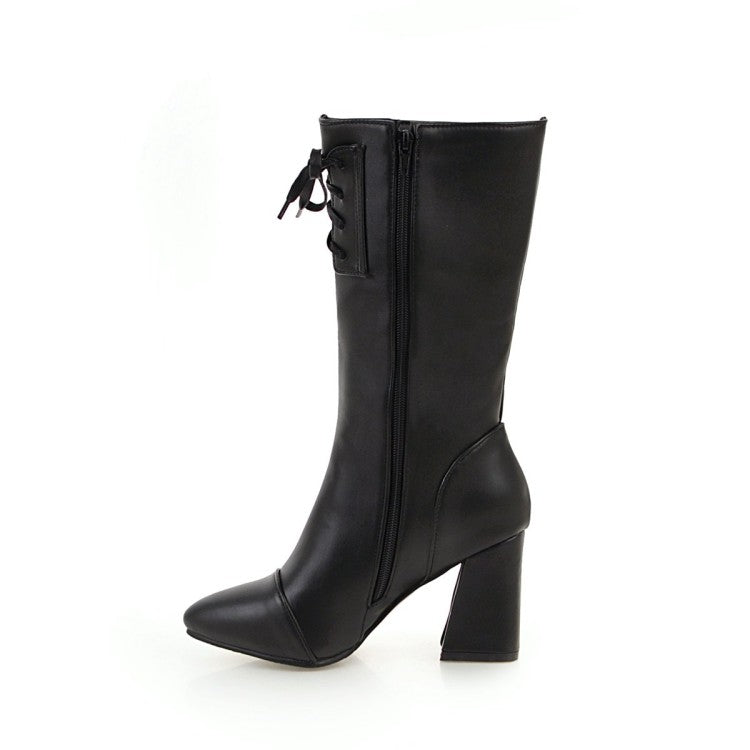 Women's Pointed Toe Lace-Up Block Chunky Heel Mid-Calf Boots