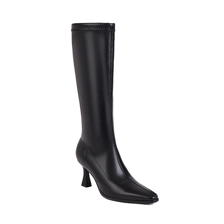 Women's Pointed Toe Side Zippers Spool Heel Knee-High Boots