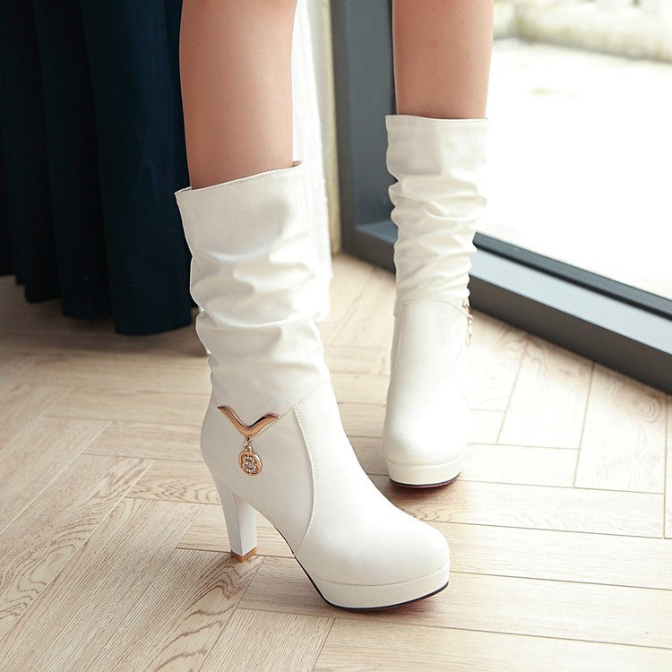 Women's Pu Leather Almond Toe Metal Rhinestone Pendants Block Chunky Heel Platform Mid Calf Boots