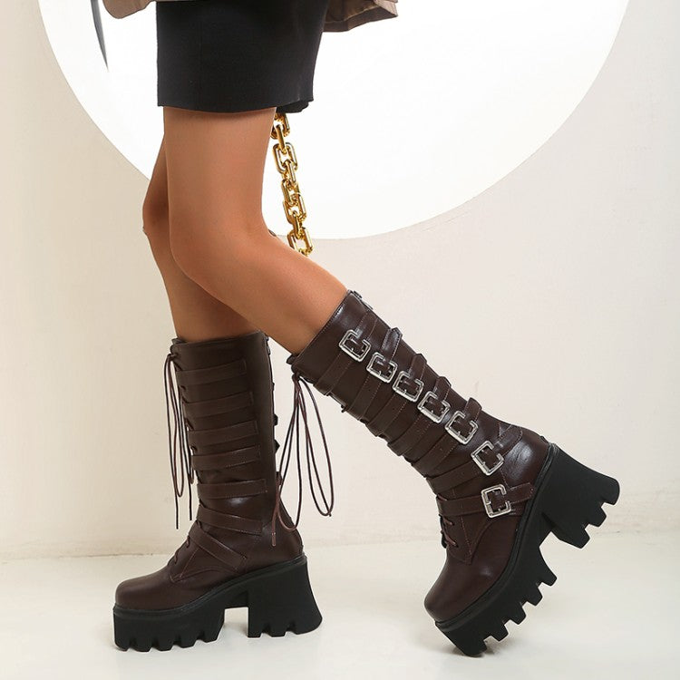 Women's Pu Leather Lace Up Buckle Straps Block Chunky Heel Platform Mid-calf Boots