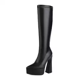 Women's Pu Leather Pointed Toe Spool Heel Platform Knee High Boots