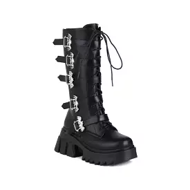 Women's Pu Leather Round Toe Lace Up Buckle Straps Block Chunky Heel Platform Riding Mid-calf Boots