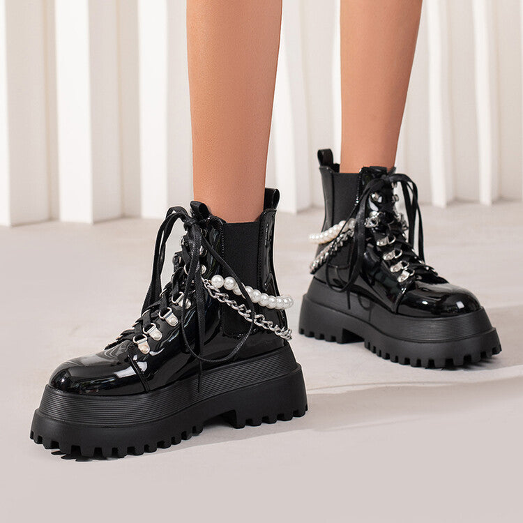 Women's Pu Leather Round Toe Pearls Metal Chains Lace Up Flat Platform Ankle Boots