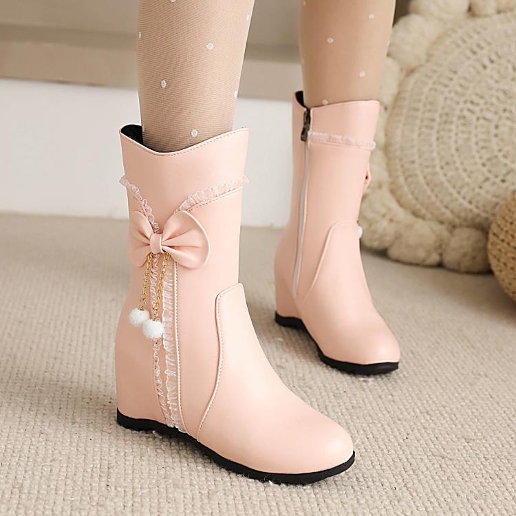 Women's Pu Leather Round Toe Side Zippers Bow Tie Pearls Inside Heighten Ankle Boots