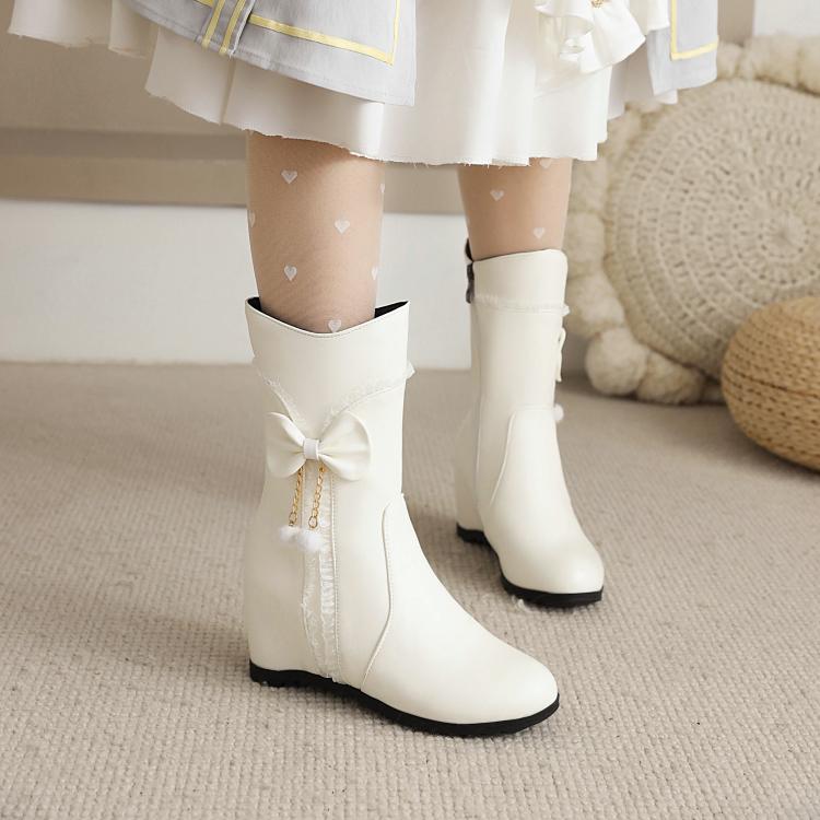 Women's Pu Leather Round Toe Side Zippers Bow Tie Pearls Inside Heighten Ankle Boots