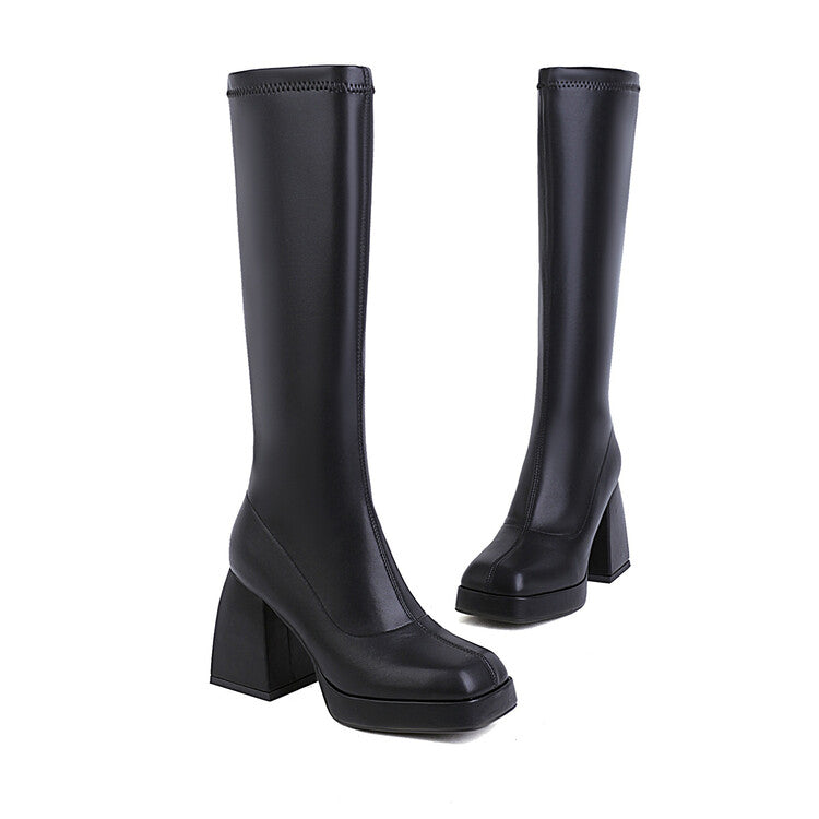 Women's Pu Leather Square Toe Block Chunky Heel Platform Knee High Boots