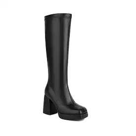 Women's Pu Leather Square Toe Block Chunky Heel Platform Knee High Boots