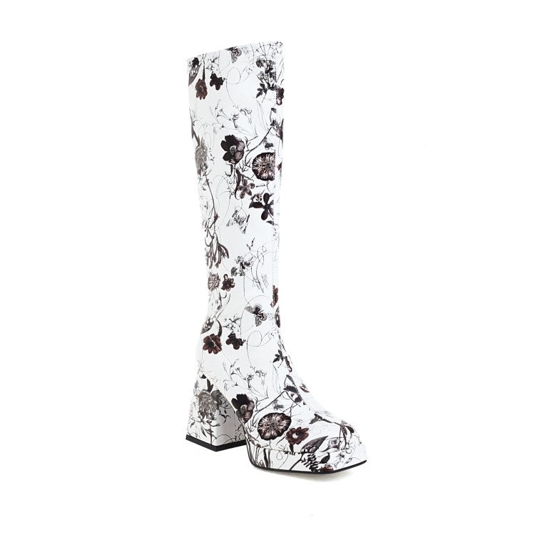 Women's Pu Leather Square Toe Flora Printed Block Chunky Heel Platform Knee High Boots