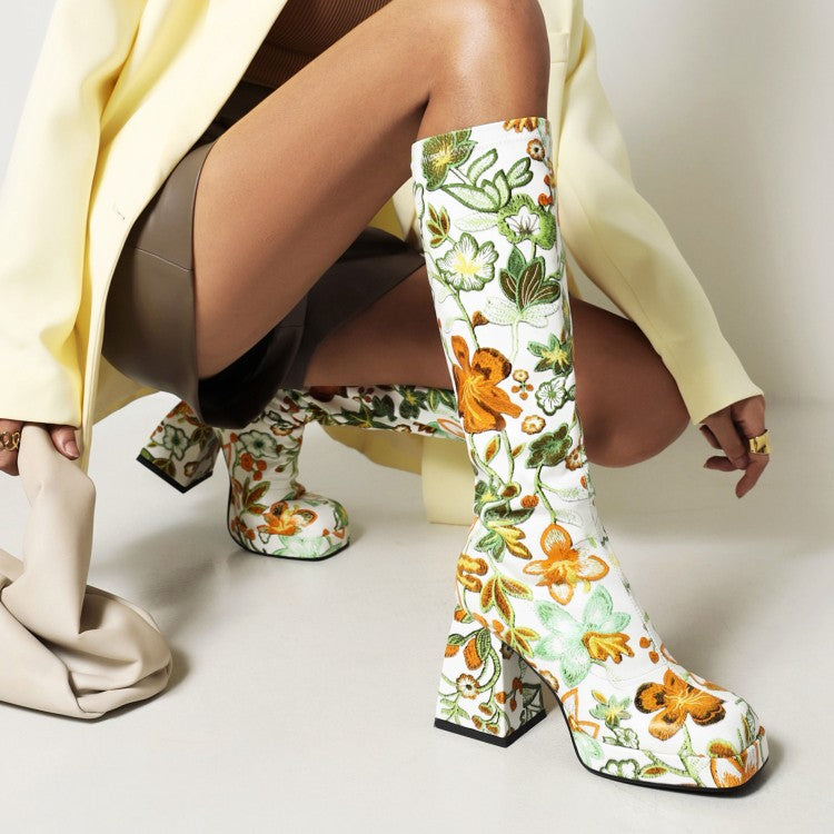 Women's Pu Leather Square Toe Flora Printed Block Chunky Heel Platform Knee High Boots