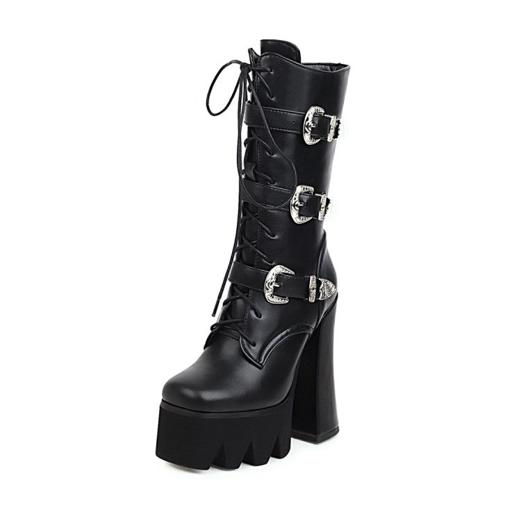 Women's Pu Leather Square Toe Lace Up Buckle Straps Block Chunky Heel Platform Mid-calf Boots