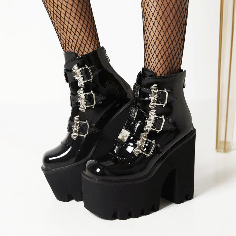 Women's Pu Leather Square Toe Metal Rivets Buckle Straps Block Chunky Heel Platform Ankle Boots