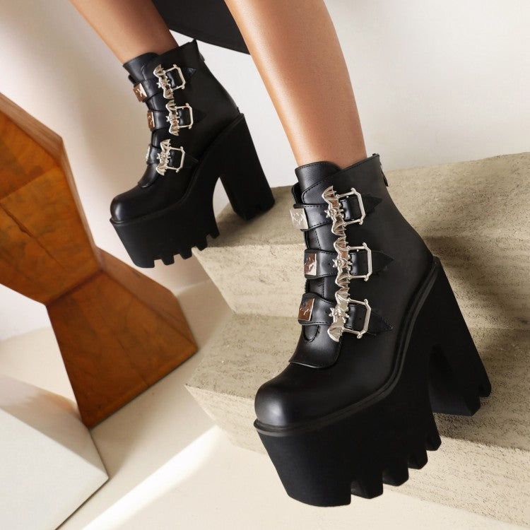 Women's Pu Leather Square Toe Metal Rivets Buckle Straps Block Chunky Heel Platform Ankle Boots