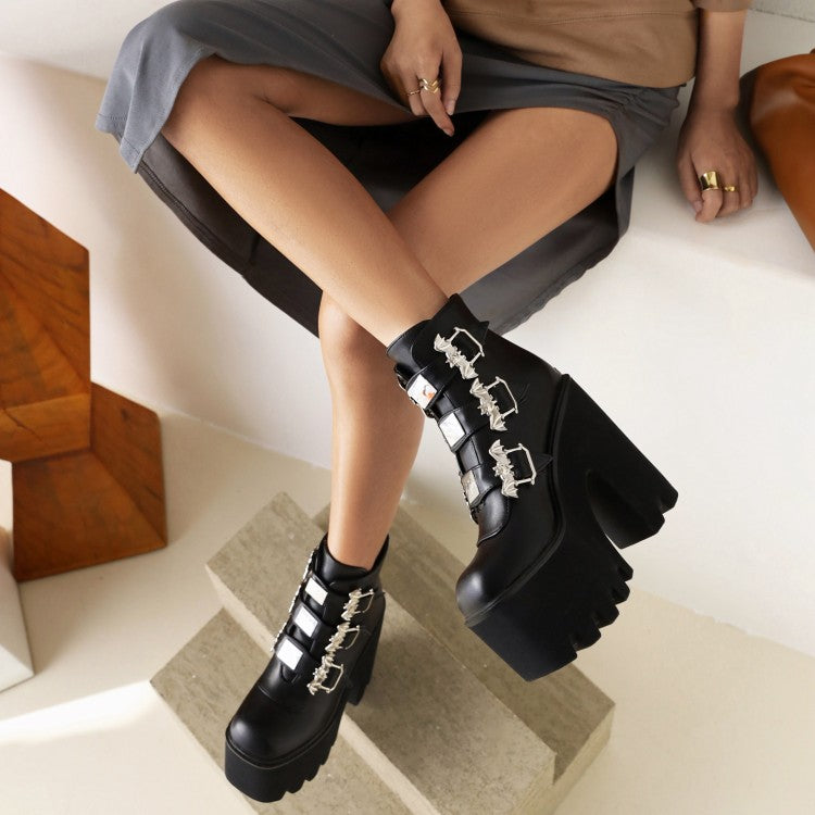 Women's Pu Leather Square Toe Metal Rivets Buckle Straps Block Chunky Heel Platform Ankle Boots