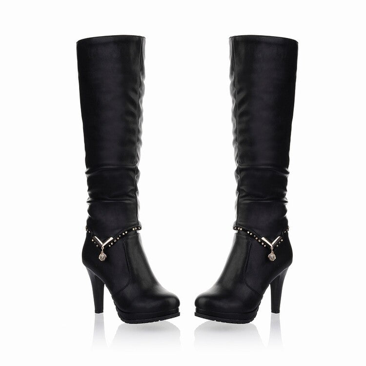 Women's Rhinestone Pendants Stiletto Heel Platform Knee-High Boots