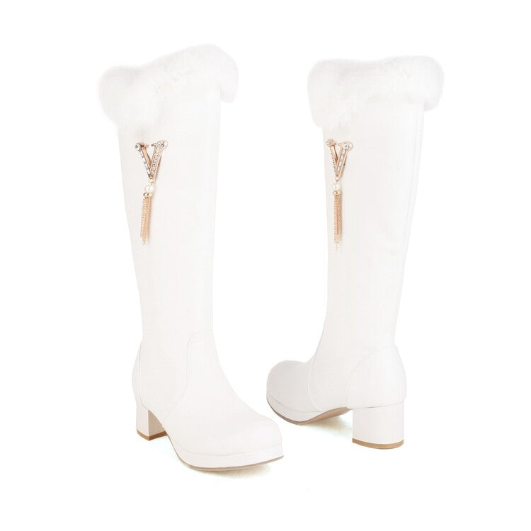 Women's Round Toe Fur Block Chunky Heel Platform Knee-High Boots