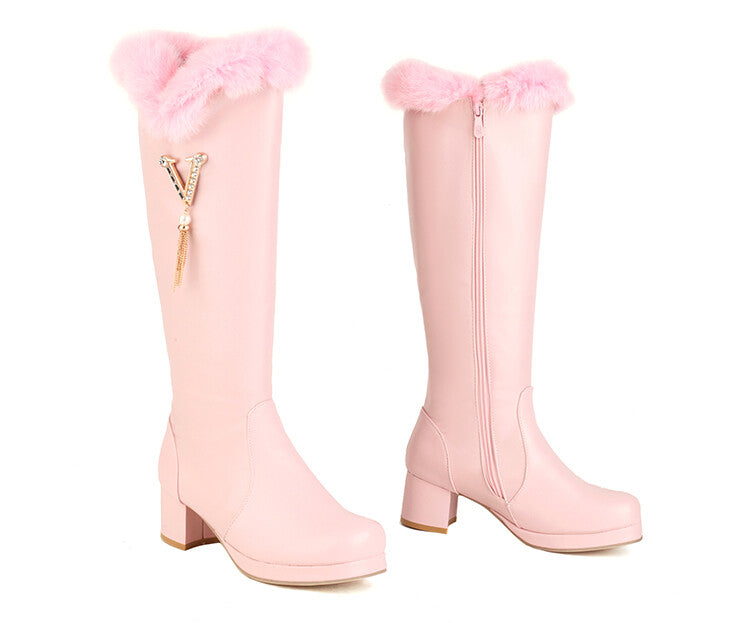 Women's Round Toe Fur Block Chunky Heel Platform Knee-High Boots