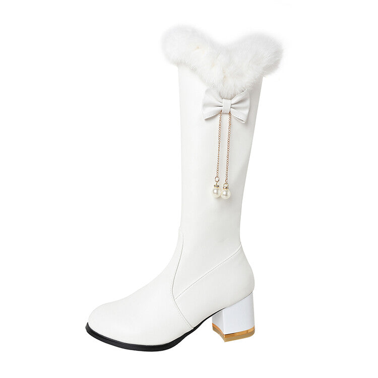 Women's Round Toe Fur Tube Block Chunky Heel Knee-High Boots