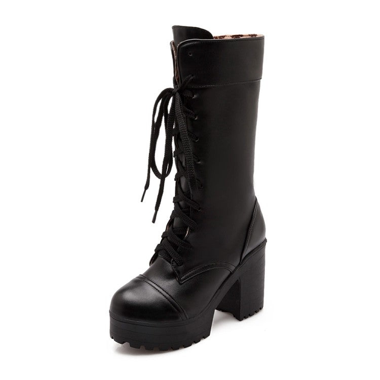 Women's Round Toe Lace Up Block Chunky Heel Platform Mid-Calf Boots