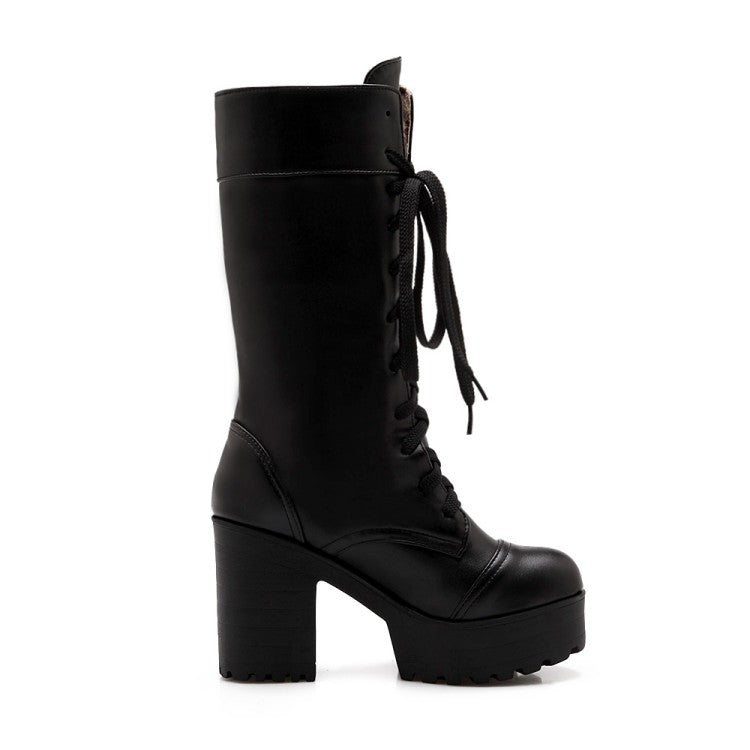 Women's Round Toe Lace Up Block Chunky Heel Platform Mid-Calf Boots