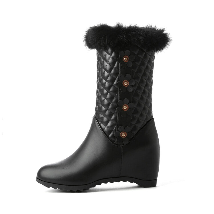 Women's Round Toe Lattice Fur Wedge Heel Inside Heighten Mid Calf Boots