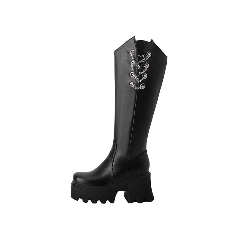 Women's Round Toe Metal Chains Block Heel Platform Knee-High Boots