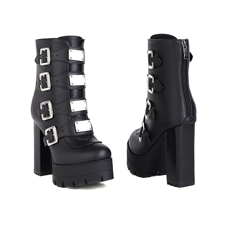 Women's Round Toe Sequins Metal Buckle Straps Block Chunky Heel Platform Mid-Calf Boots