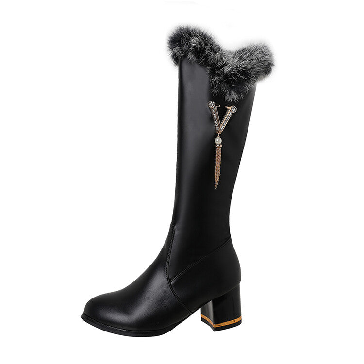 Women's Round Toe Side Zippers Fur Block Chunky Heel Knee-High Boots