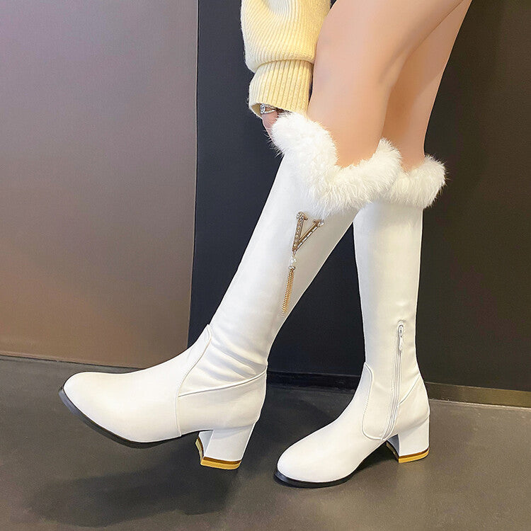 Women's Round Toe Side Zippers Fur Block Chunky Heel Knee-High Boots