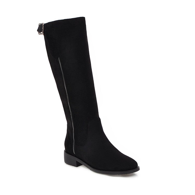 Women's Round Toe Side Zippers Low Heels Knee-High Boots